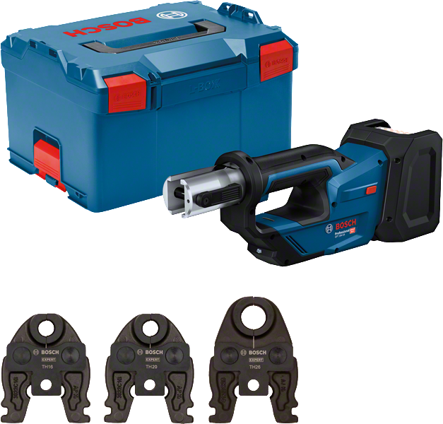 Bosch 18V-19 batteridrevet rørpresseverktøy med koffert og kjever.