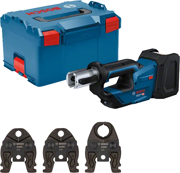 Bosch 18V-19 batteridrevet pressverktøy med koffert og pressbakker.