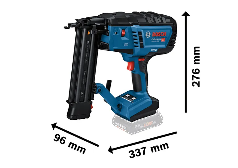 Bosch GNH 18V-50 M batteridrevet spikerpistol med mål.