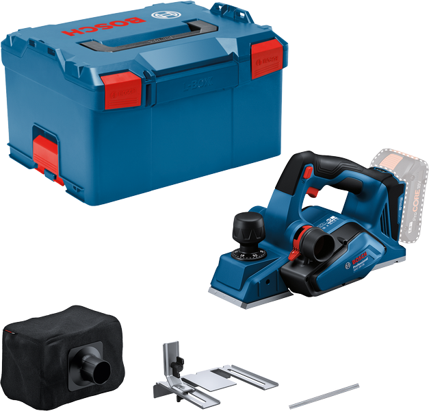 Bosch GHO 18V-26 batteridrevet høvel med tilbehør.