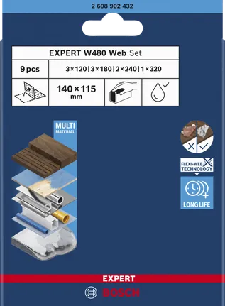 Bosch EXPERT W480 Web håndslipepapirsett, 9 deler.