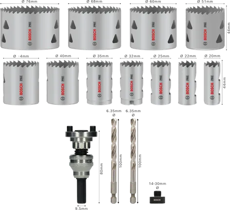 Bosch PRO Multi Material hullsag Q-Lock akselsett, 15 størrelser.