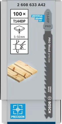 Bosch PRO Wood presise T144DP stikksagblad 100 × 100 mm.