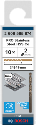 Bosch PRO spiralbor i rustfritt stål HSS-Co, 2 mm-pakke.