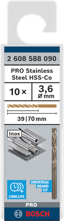 Bosch PRO spiralbor i rustfritt stål HSS-Co 3,6 mm, 10-pakning.