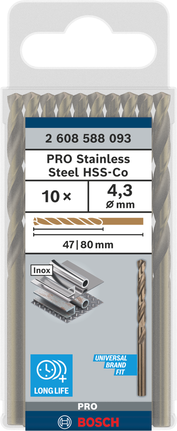 Bosch PRO HSS-Co 4,3 mm bor i rustfritt stål, pakke.