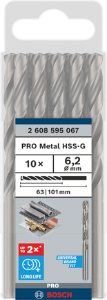 Bosch PRO Metal HSS-G 6,2 mm borsett 10 deler.