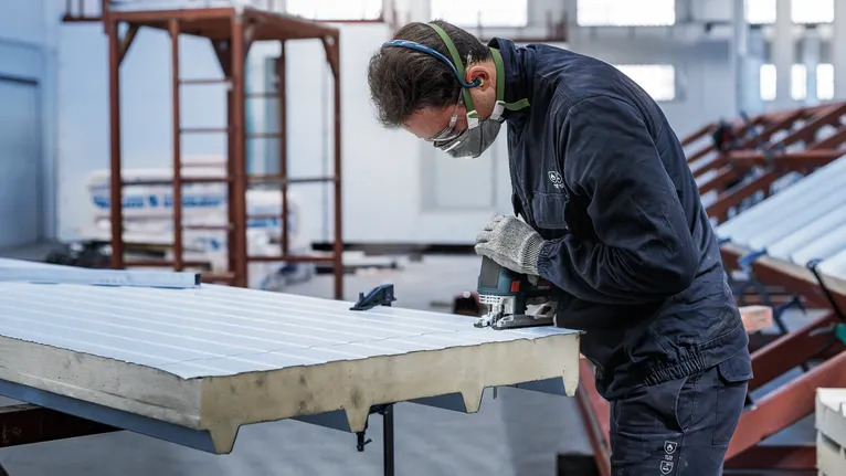 En person med sikkerhetsutstyr skjærer metallplater med et elektroverktøy.