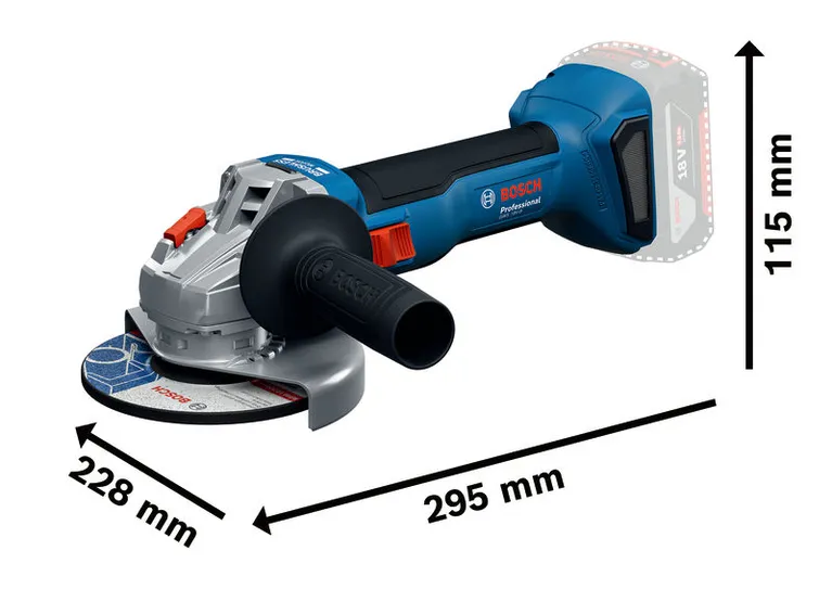 Bosch GWS 18V-8 batteridrevet vinkelsliper med mål.