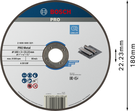 Bosch PRO metallbundet skjæreskive 180 x 3 x 22,23 mm.