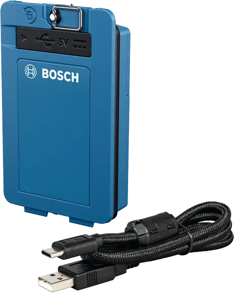 Bosch oppladbar batteripakke med USB-C-ladekabel.