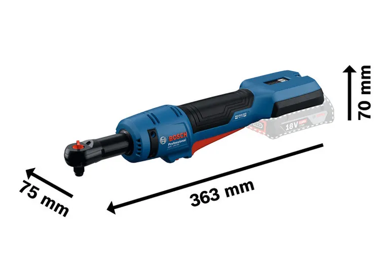 Bosch GRC 18V-60 batteridrevet skrallenøkkel med mål.