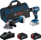 Bosch 18V kombisett med drill, vinkelsliper, lader, batterier og veske.