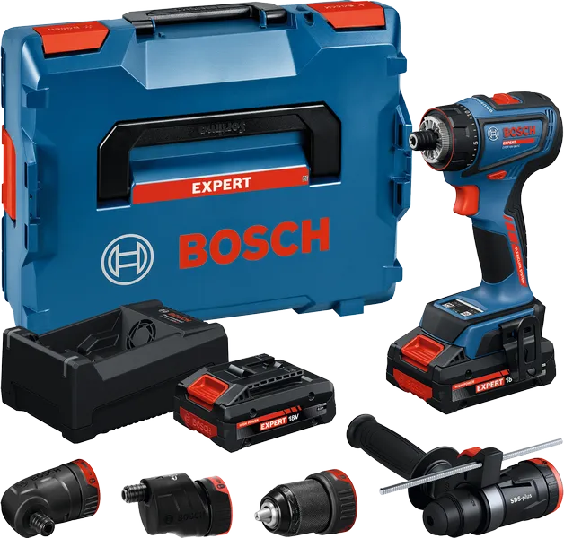 Bosch EXSR18V-90FC batteridrevet drillsett med tilbehør.