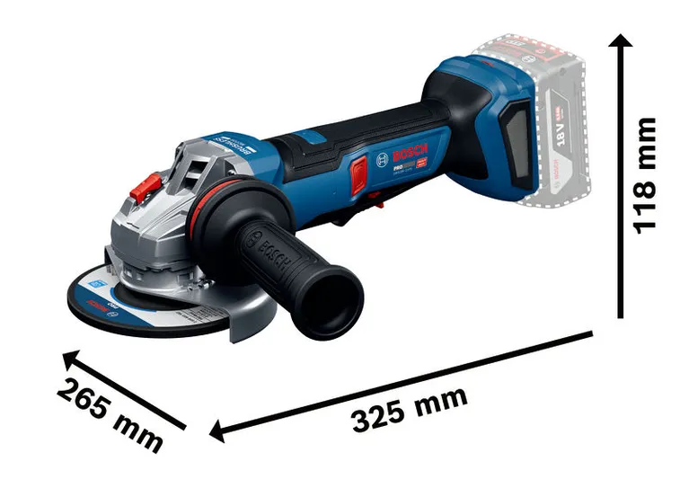Bosch GWS18V-11PS vinkelsliper med viste mål.