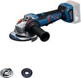 Bosch GWS18V-11PS batteridrevet vinkelsliper med tilbehør.