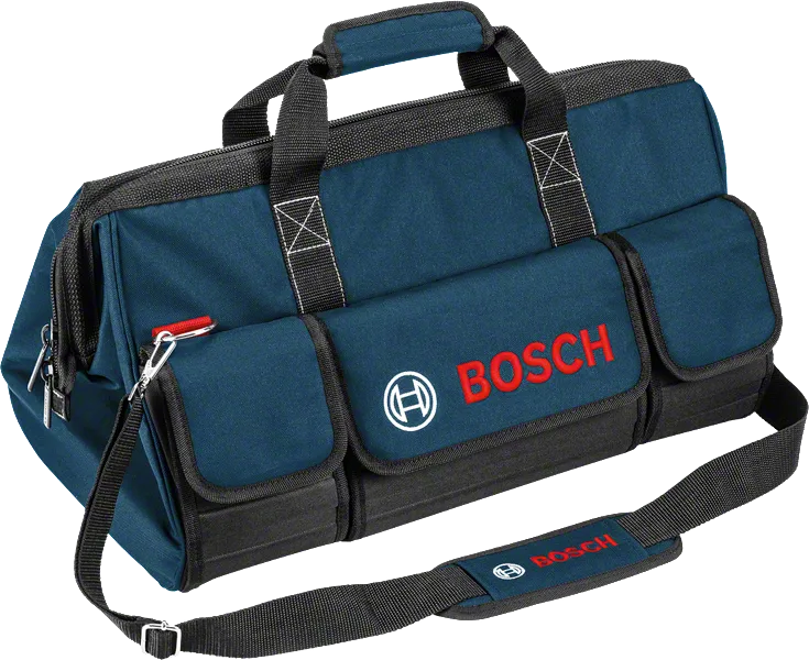 Bosch tool bag with shoulder strap and front pockets.