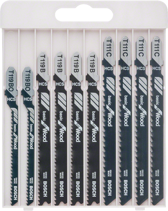 Bosch 10-piece jigsaw blade set for wood cutting.