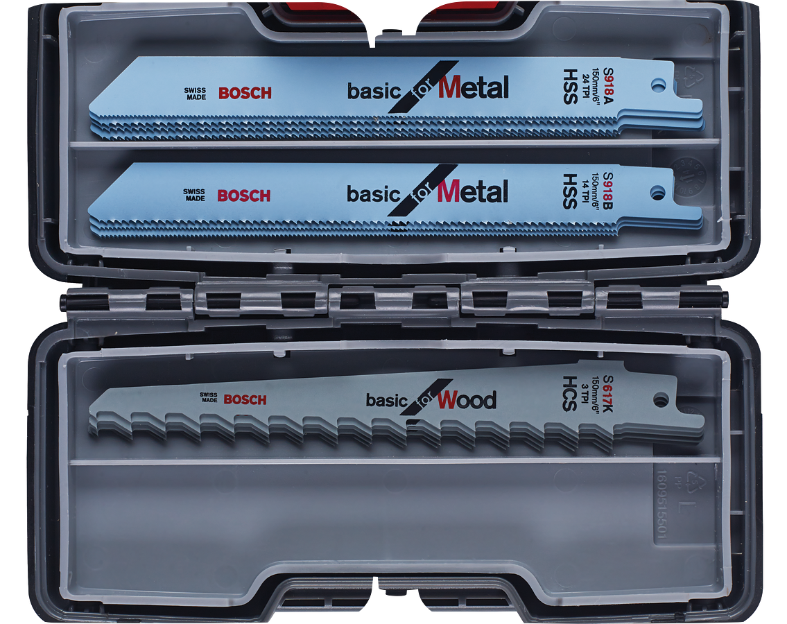 Bosch 15-piece reciprocating saw blade set for wood and metal.