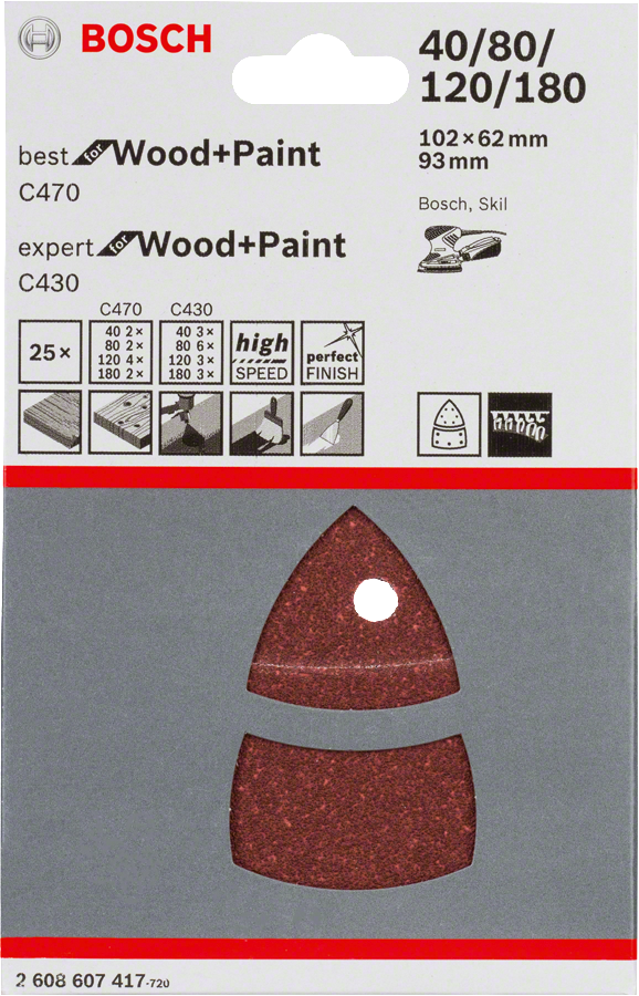 Bosch 25-piece C470 and C430 sanding sheet set for wood and paint.
