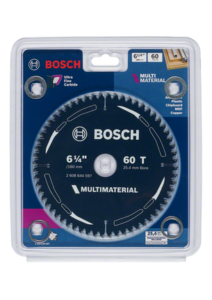 Multi Material circular saw blade 6 1/4 inch 60 teeth Bosch 6 1/4″ 60T Multi Material saw blade.