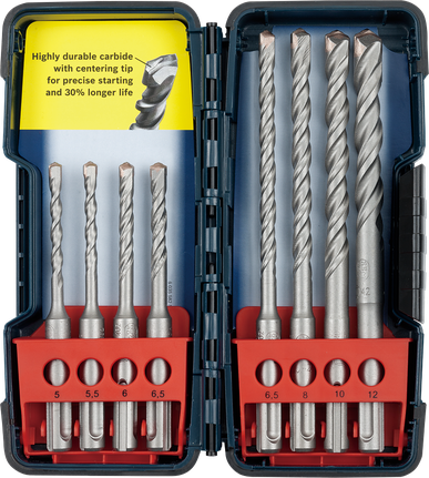 Bosch carbide drill bit set with centering tip in case.