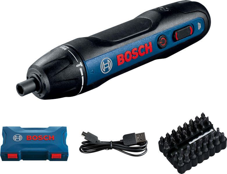 Bosch Go 2 cordless screwdriver with USB cable and bit set.