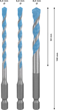 EXPERT HEX-9 MultiConstruction Drill Bit Set 5/6/8 mm 3-pc Bosch EXPERT HEX-9 MultiConstruction drill bit set 3-piece.