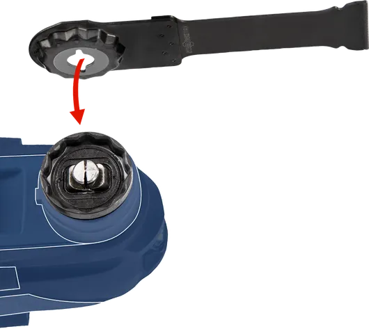 Oscillating tool accessory being positioned for attachment onto the tool head.