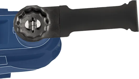 Black auxiliary handle attached to a blue power tool housing.