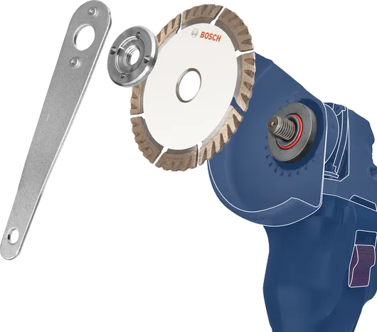 Angle grinder with detached diamond blade and tool for blade assembly.