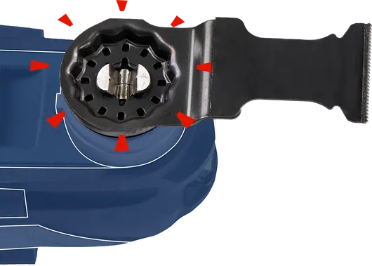 Oscillating multi-tool blade attached to a blue power tool body.