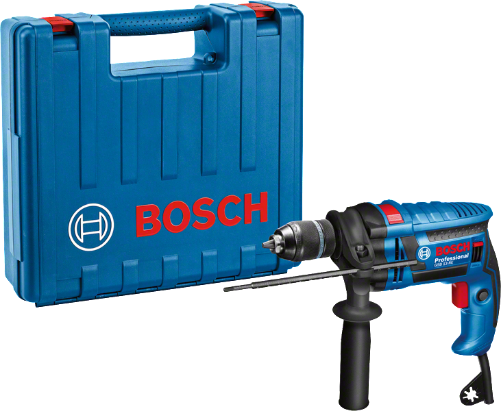 Bosch GSB 13 RE drill with side handle and carrying case.