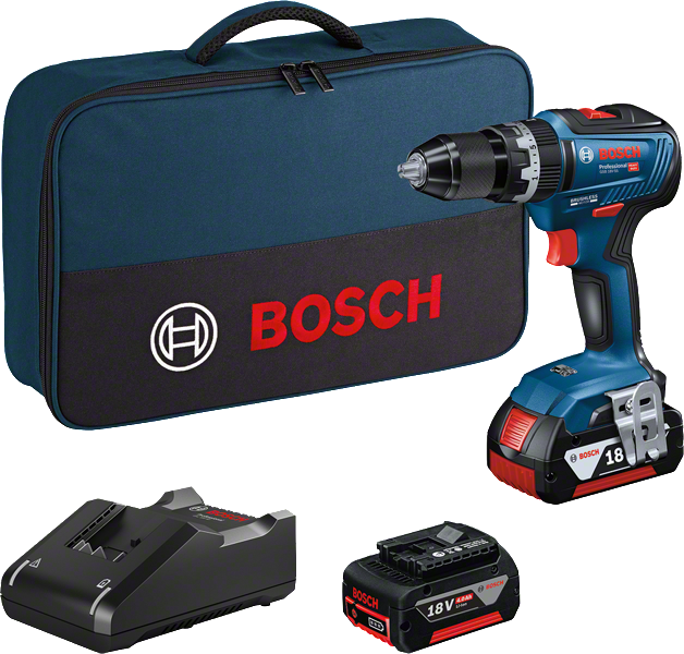 Bosch GSB 18V-55 cordless drill set with battery, charger and case.