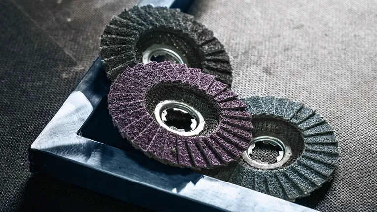 Three abrasive flap discs are placed on a metal frame.