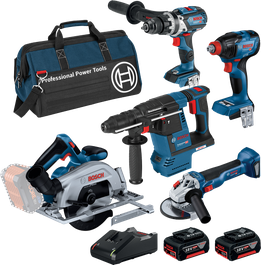 Bosch 18V Brushless 5 Piece 5.0Ah Combo Kit with tools and bag.