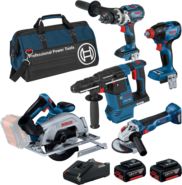 Bosch 18V Brushless 5 Piece 5.0Ah Combo Kit with tools and bag.