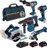 Bosch 18V Brushless 5 Piece 5.0Ah Combo Kit with tools and bag.