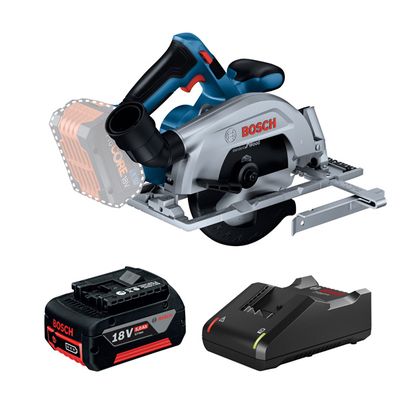 Bosch 18V brushless circular saw kit with battery and charger.