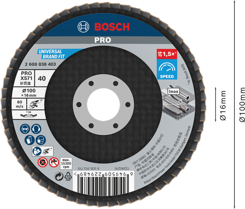 Bosch PRO X571 flap disc angled 100mm G40 for metal.
