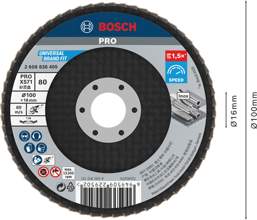 Bosch PRO X571 flap disc 100 mm G60 for metal grinding.