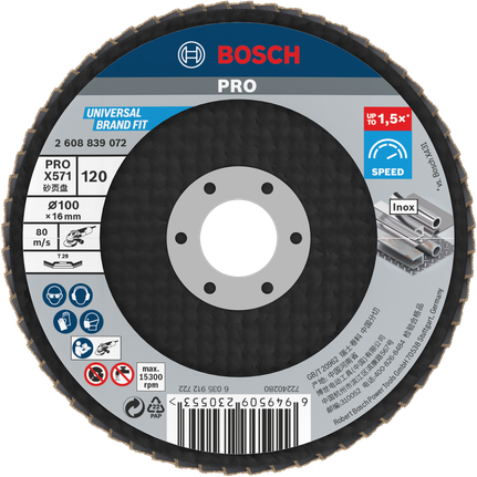 Bosch PRO X571 flap disc 100mm G120 for inox grinding.