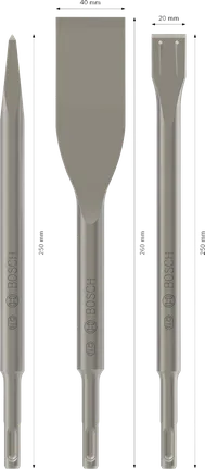 PRO SDS plus-5C Chisel Set, Pointed 250, Tile 40 x 260, Spade 20 x 250 mm, 3 pcs Bosch PRO SDS plus-5C Chisel Set 3 pcs for demolition.