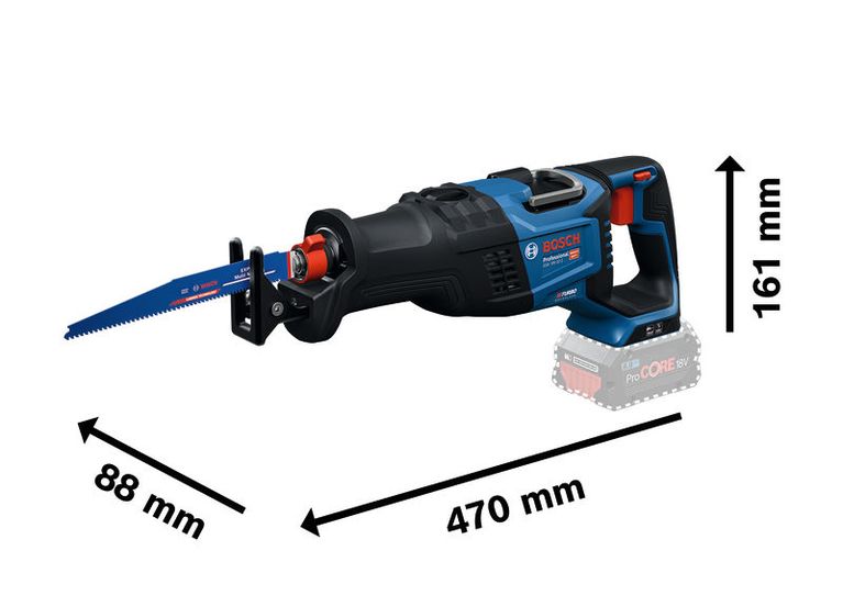 Bosch GSA 18V-32-2 reciprocating saw with size dimensions.
