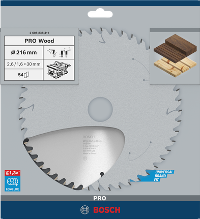 PRO Wood Circular Saw Blade, 216 x 2.6 x 30 mm, T54 Bosch PRO Wood 216 mm circular saw blade.