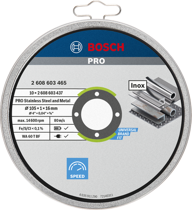 PRO Stainless Steel and Metal Cutting Disc, 105 x 1 x 16 mm Bosch PRO stainless steel and metal cutting disc 105×1×16 mm.