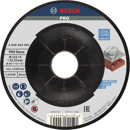 PRO Stone Grinding Disc, 115 x 6 x 22.23 mm Bosch PRO Stone Grinding Disc 115 mm for stone grinding.