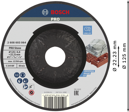 PRO Stone Grinding Disc, 125 x 6.8 x 22.23 mm Bosch PRO Stone Grinding Disc 125 mm for stonework.