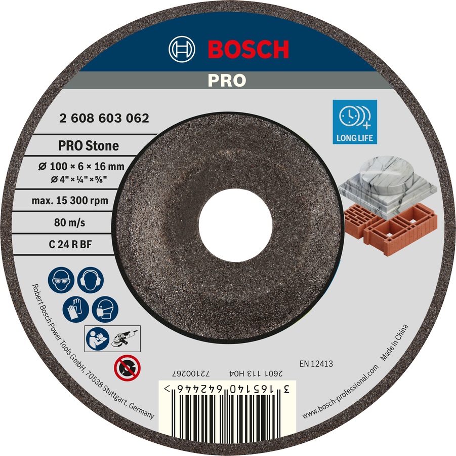 Bosch PRO Stone Grinding Disc 100 x 6 x 16 mm long life.
