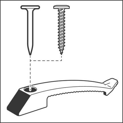 A nail and screw are shown above a mounting bracket, illustrating installation options.
